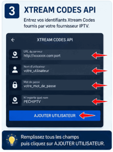 Écran de connexion avec Xtream Codes